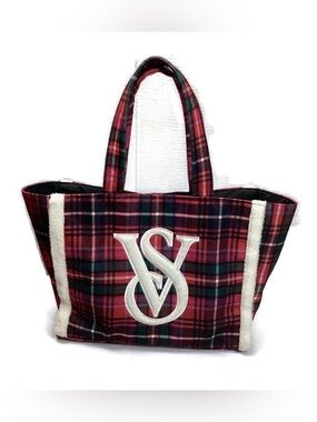 Victoria’s Secret Plaid Fleece Trim Holiday Tote Bag